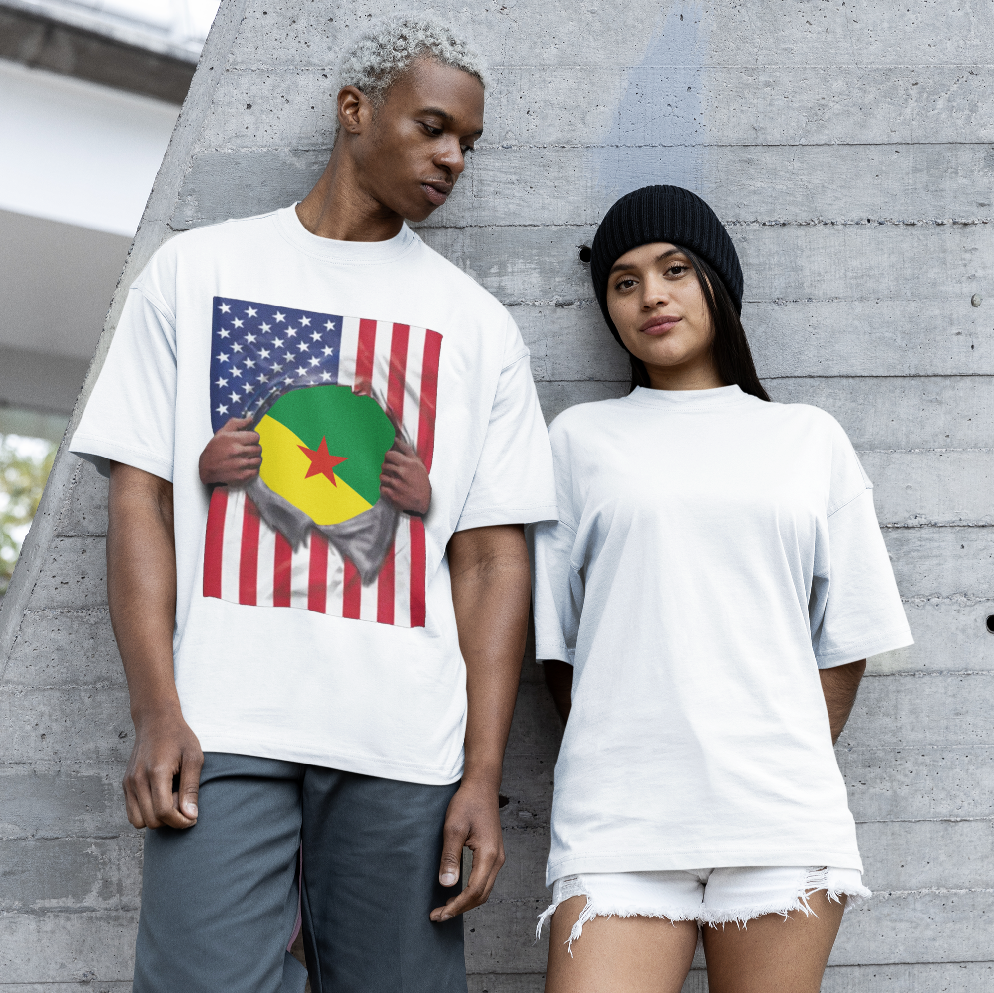 Camiseta de la Guayana Francesa y la bandera de Estados Unidos | Guayana Francesa y bandera estadounidense rasgada 4 de julio | Camisetas latinas divertidas | 4 colores
