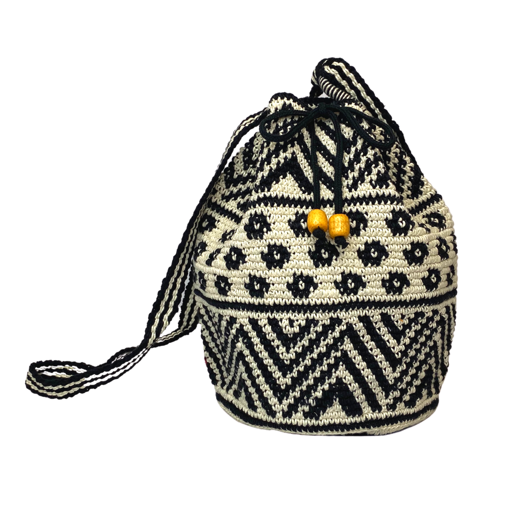 Bolso cruzado de verano de crochet con diseño chevron boho en blanco y negro - Guatemala