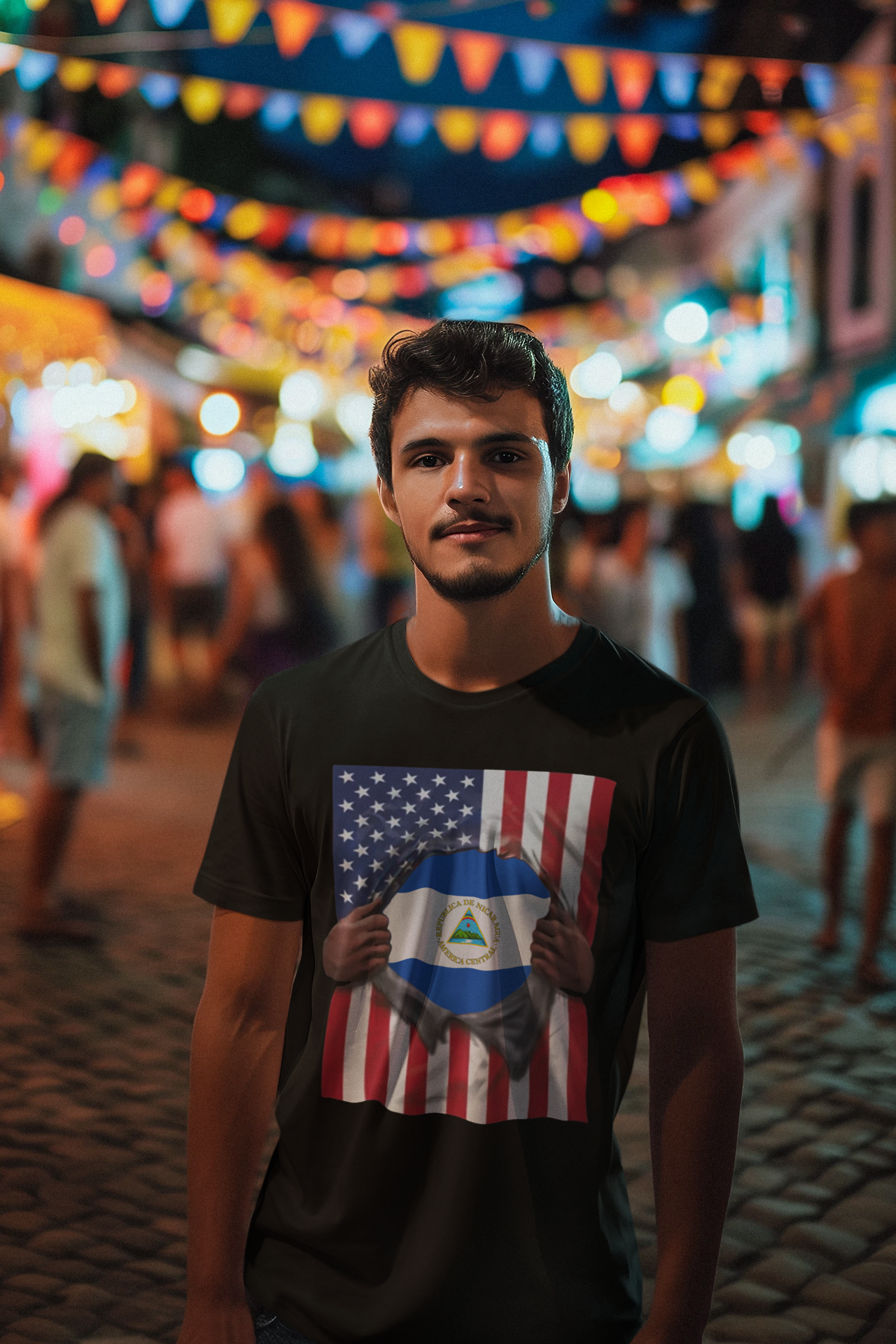 Bandera de Nicaragua + Bandera de EE. UU. Camiseta del Orgullo | Bandera de Nicaragua + Americana Rasgada 4 de julio | Divertidas Camisetas Virales Latinas | Unisex - 4 Colores