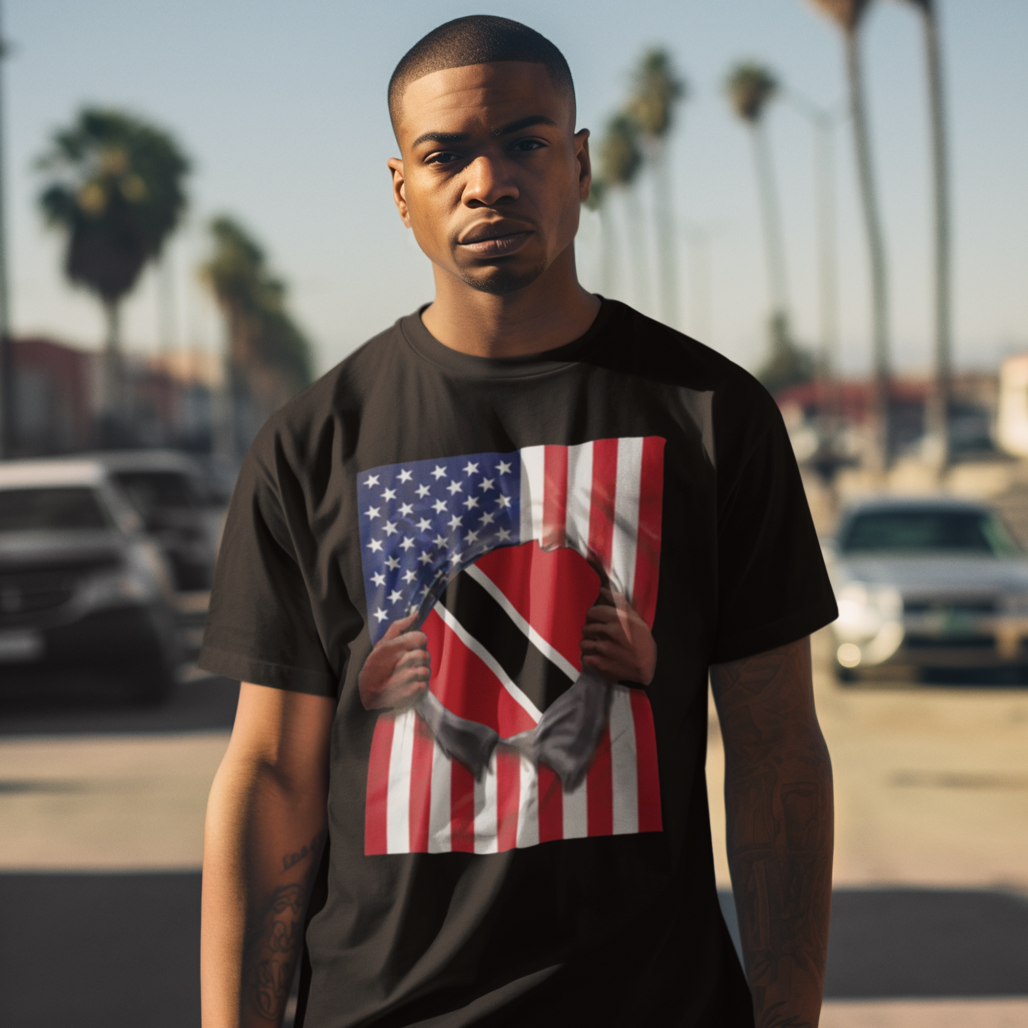 Camiseta del Orgullo con la Bandera de Trinidad y Tobago y la Bandera de EE. UU. | Desgarro de la Bandera de Trinidad y Tobago y la Bandera Estadounidense para el 4 de Julio | Camisetas Latinas Virales Divertidas | Unisex - 4 Colores