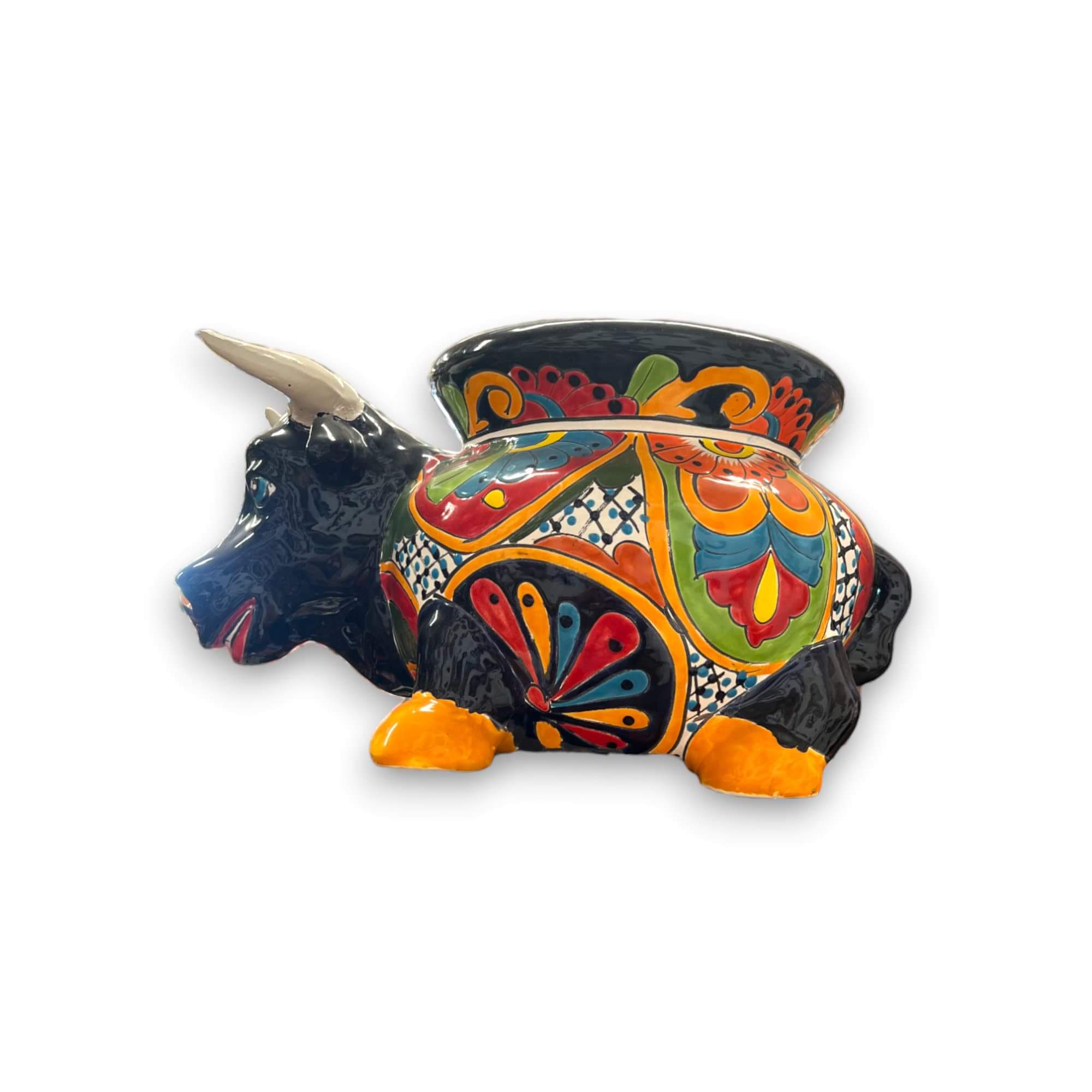 Maceta de cerámica de Talavera con forma de toro | Cerámica mexicana vibrante