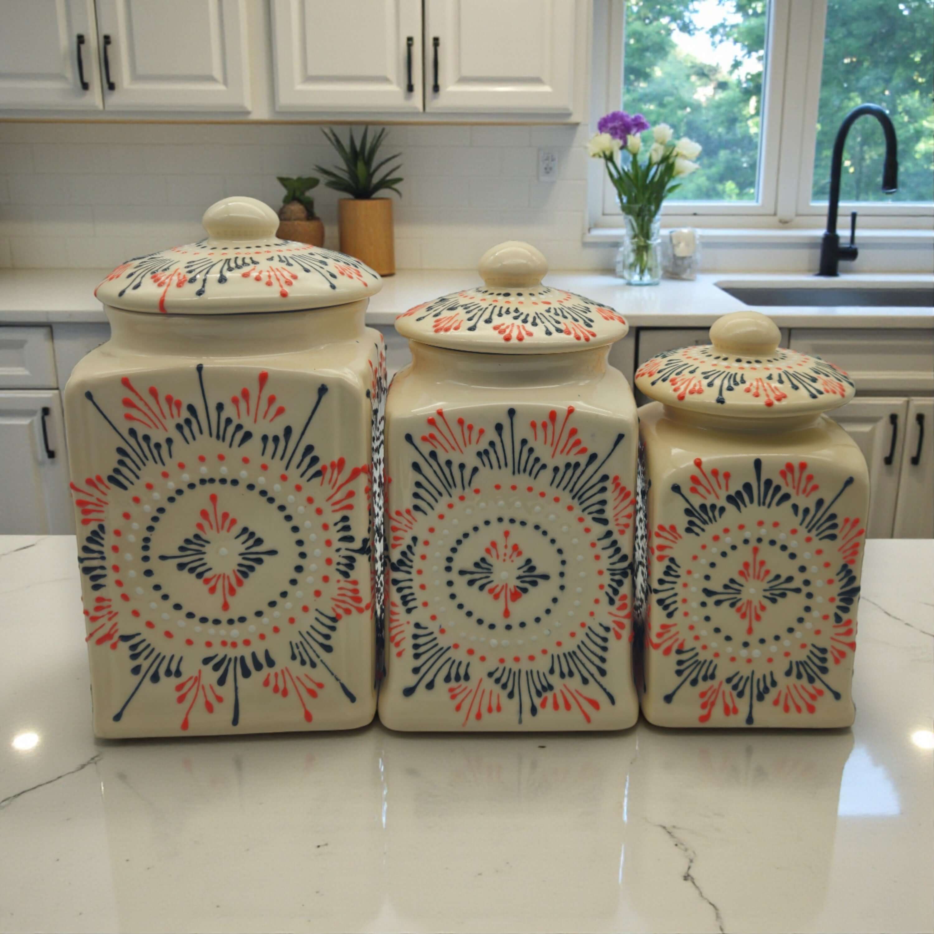 Botes de cocina de cerámica de Talavera, juego de tres | Blanco multicolor