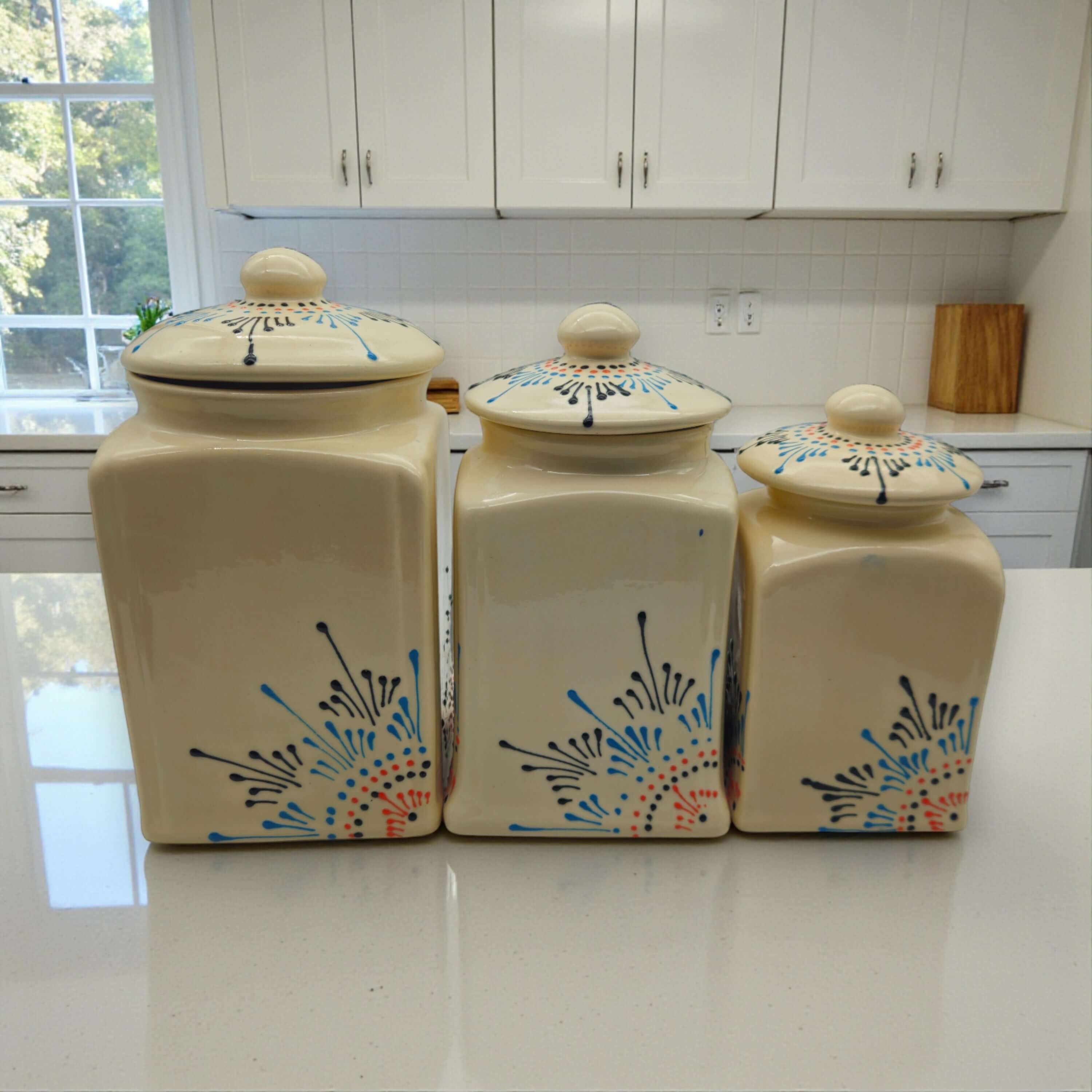 Botes de cocina de cerámica de Talavera, juego de tres | Blanco multicolor
