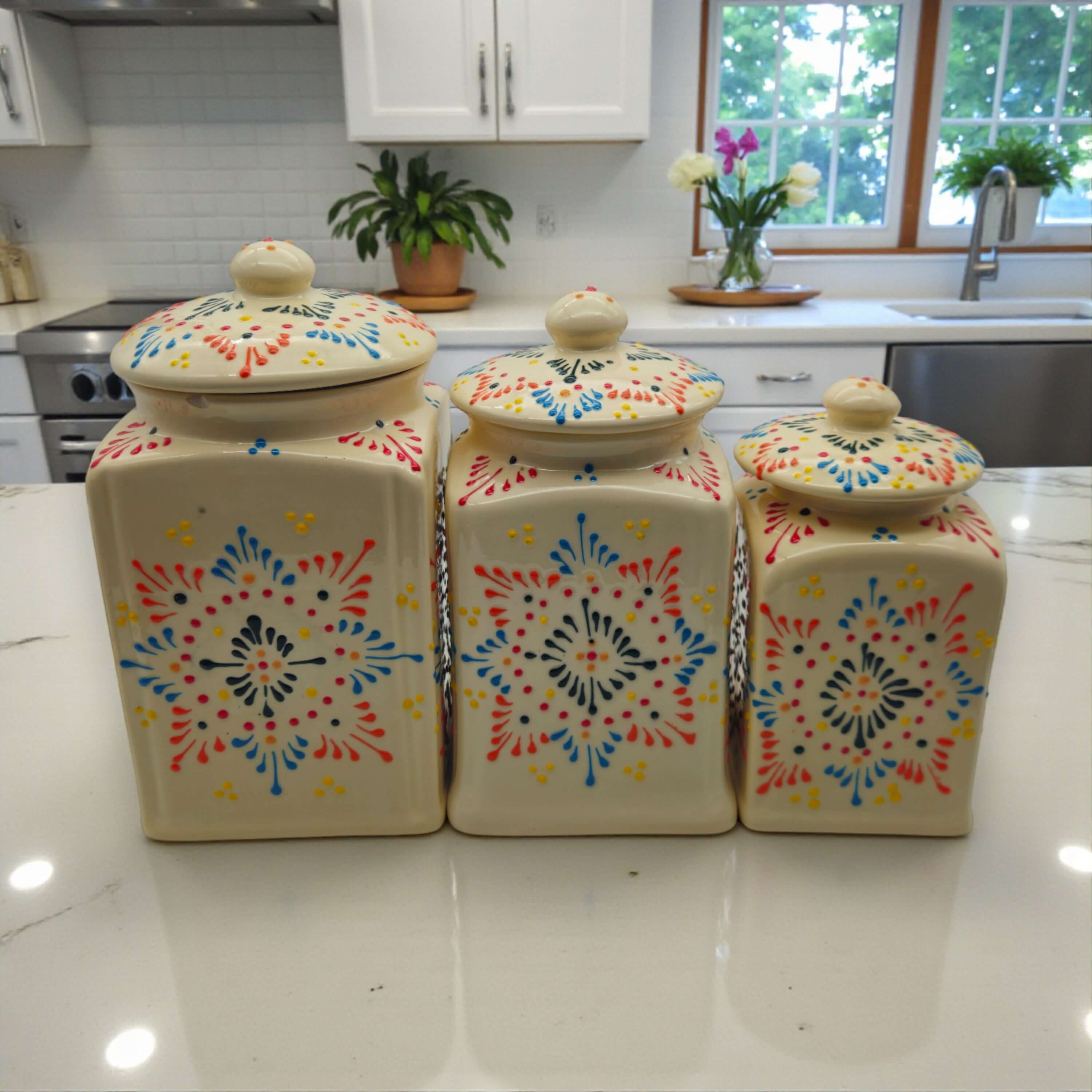 Botes de cocina de cerámica de Talavera, juego de tres | Blanco multicolor
