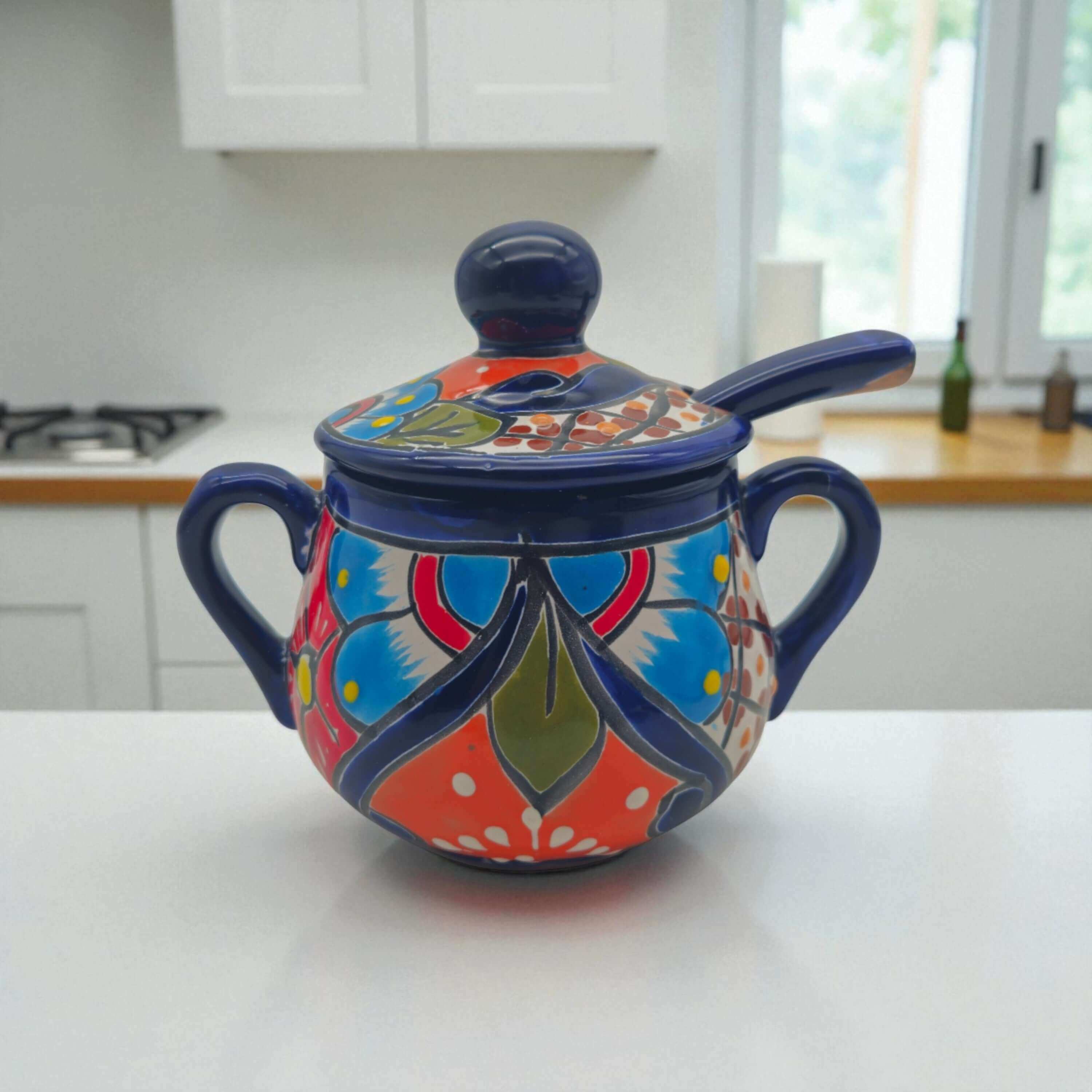 Azucarero de Talavera colorido con cuchara | Arte de cerámica mexicana