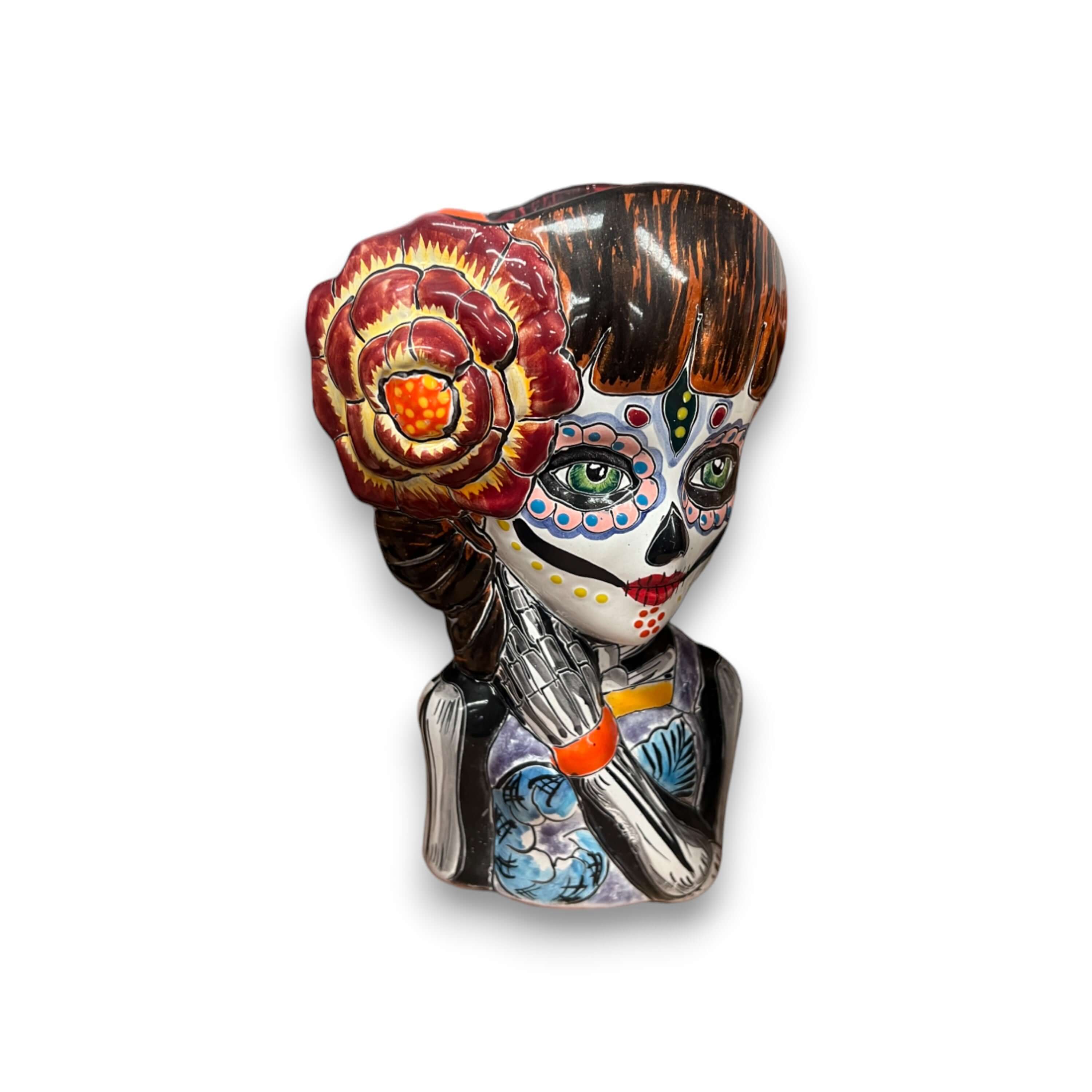 Maceta de Talavera con diseño de Calavera del Día de Muertos | Maceta de Cerámica Artesanal con Forma de Calavera
