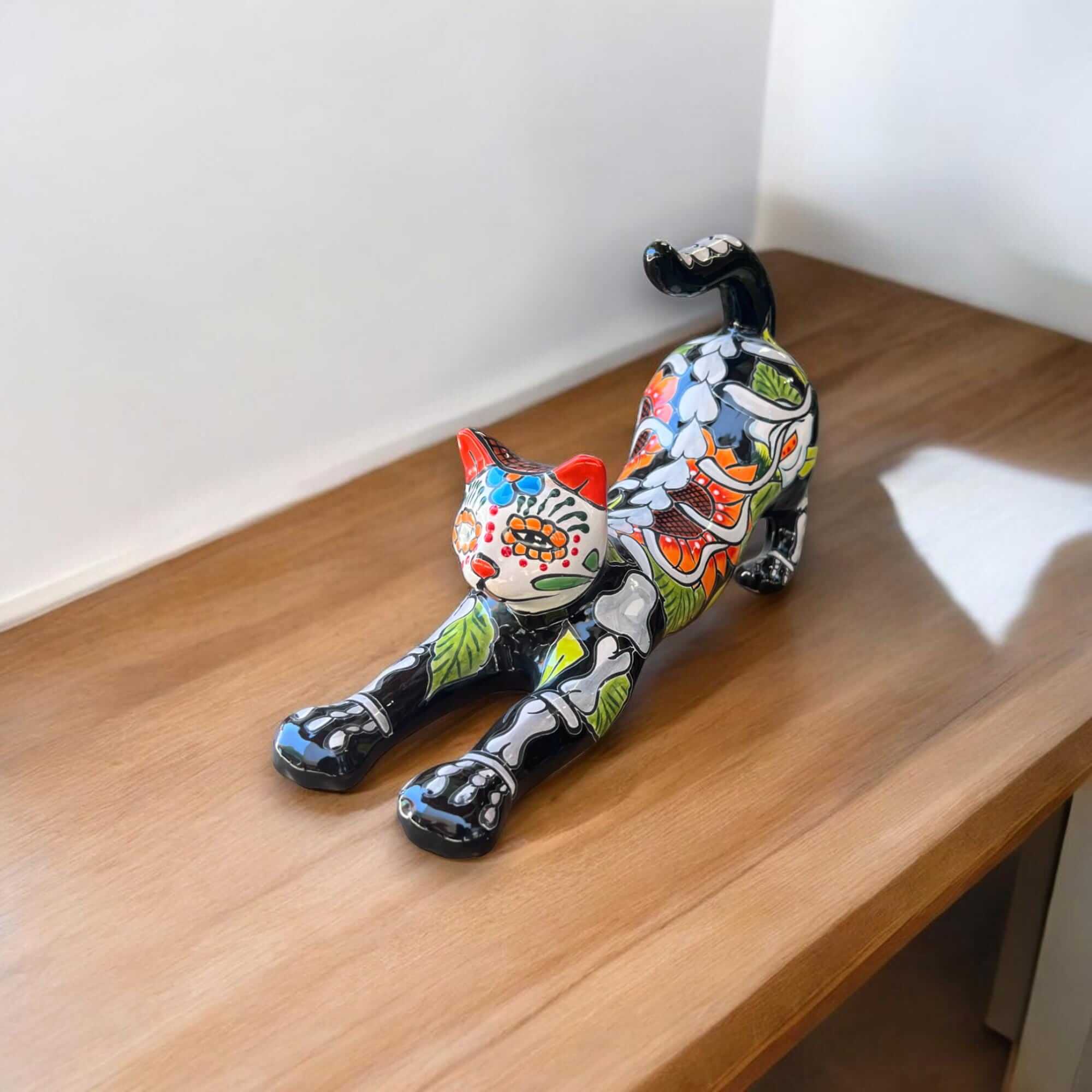Talavera Stretching Cat Figurine | Mexican Day of the Dead Art