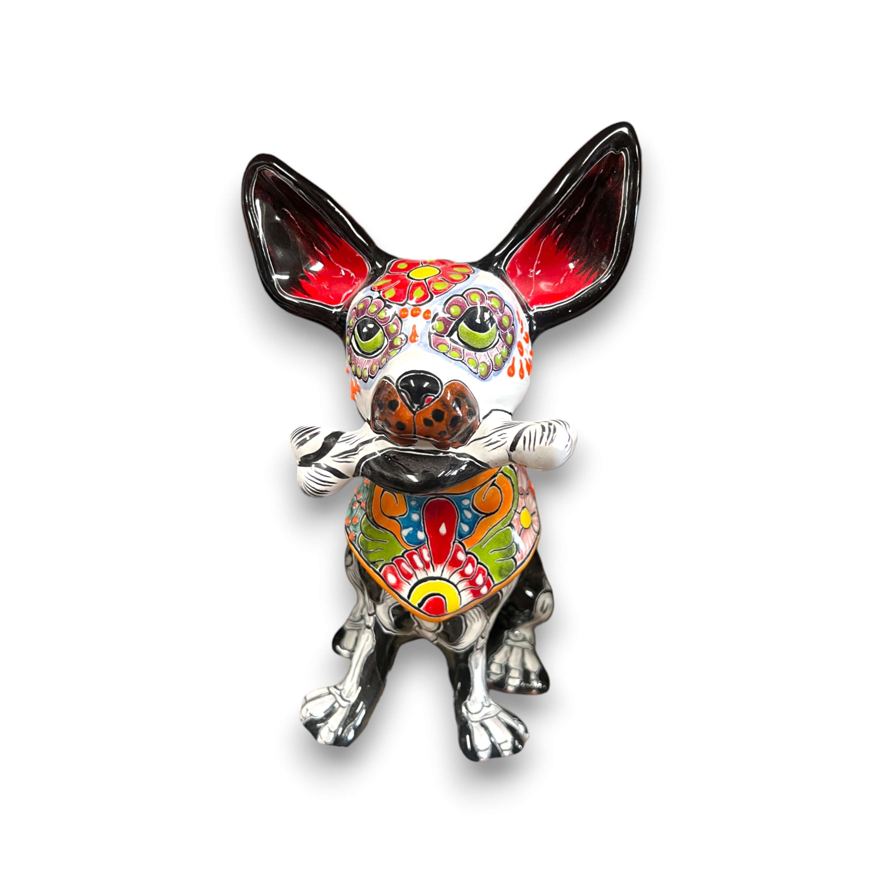 Talavera Chihuahua Sosteniendo Hueso | Figura de Perro del Día de Muertos