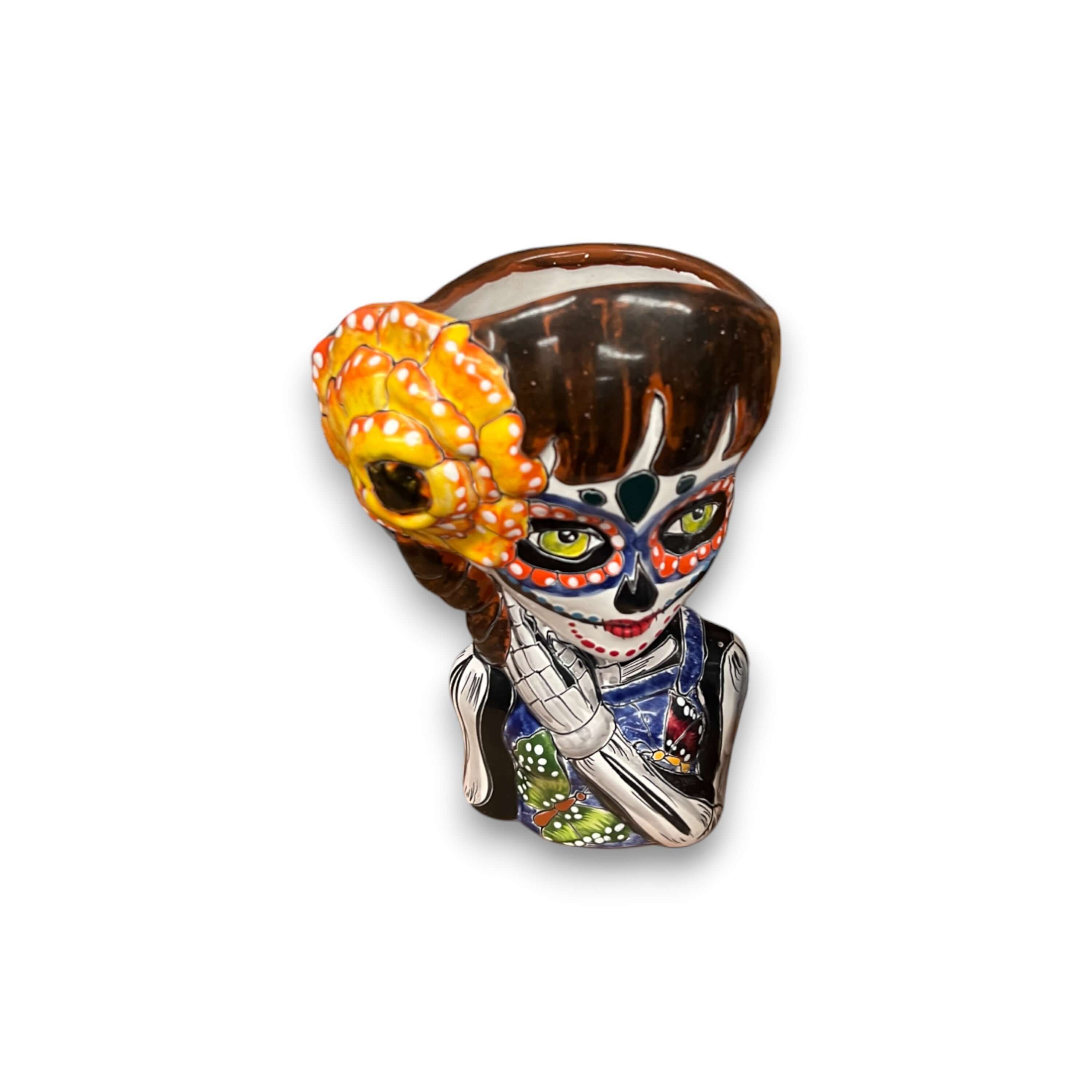 Maceta de Talavera con diseño de Calavera del Día de Muertos | Maceta de Cerámica Artesanal con Forma de Calavera