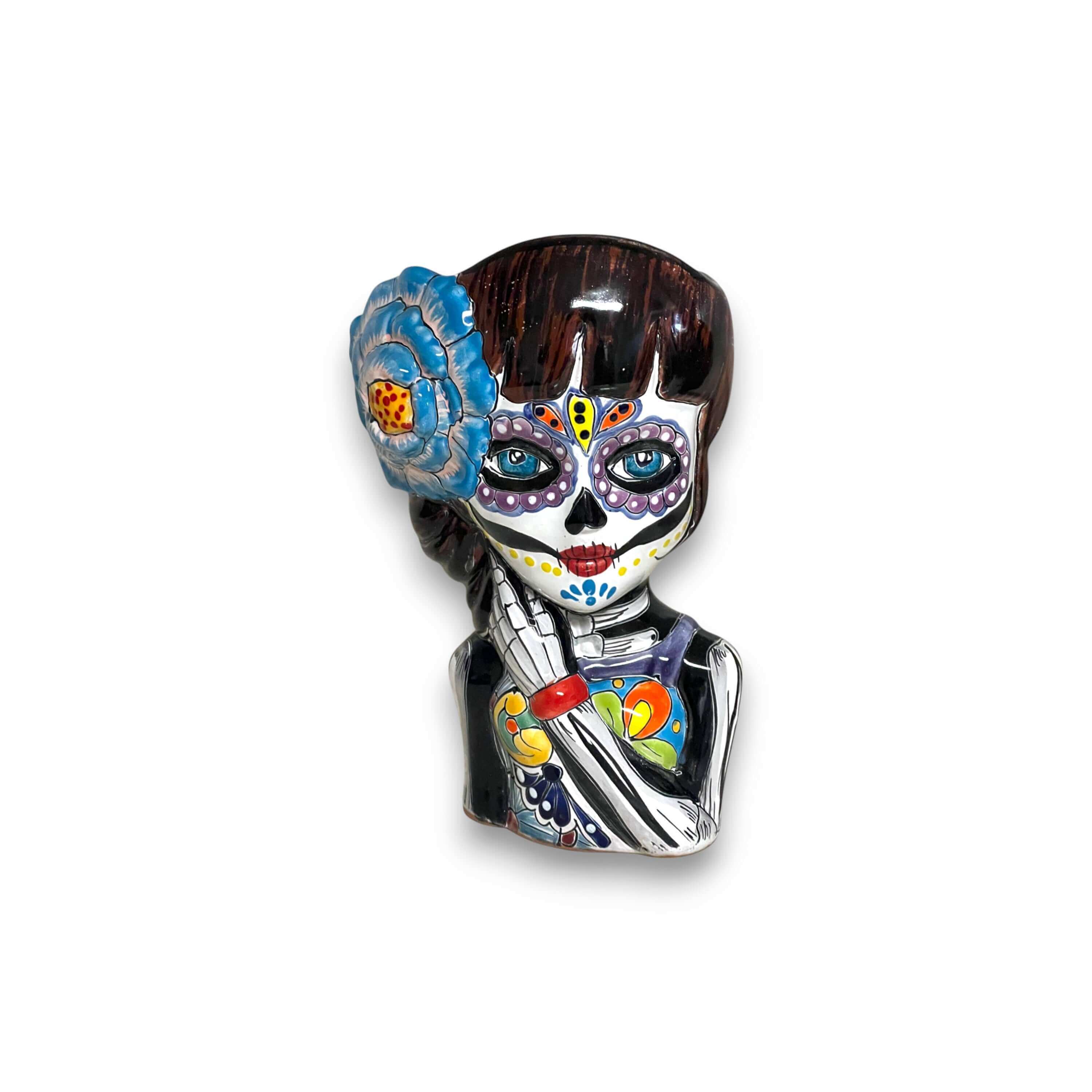 Maceta de Talavera con diseño de Calavera del Día de Muertos | Maceta de Cerámica Artesanal con Forma de Calavera