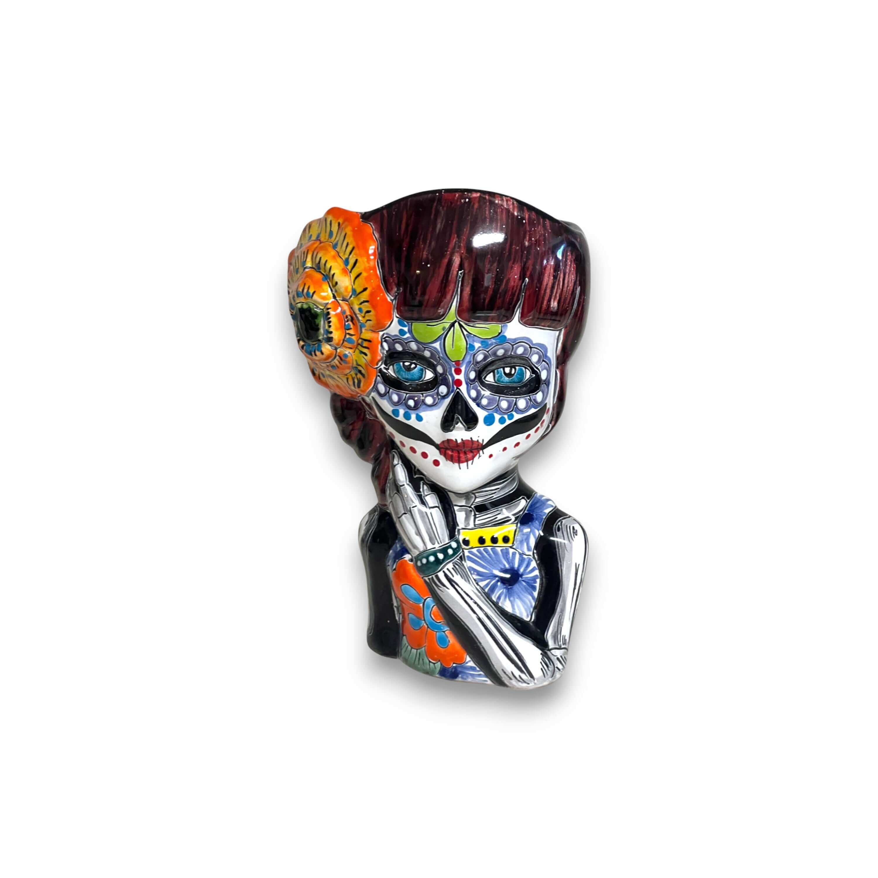 Maceta de Talavera con diseño de Calavera del Día de Muertos | Maceta de Cerámica Artesanal con Forma de Calavera