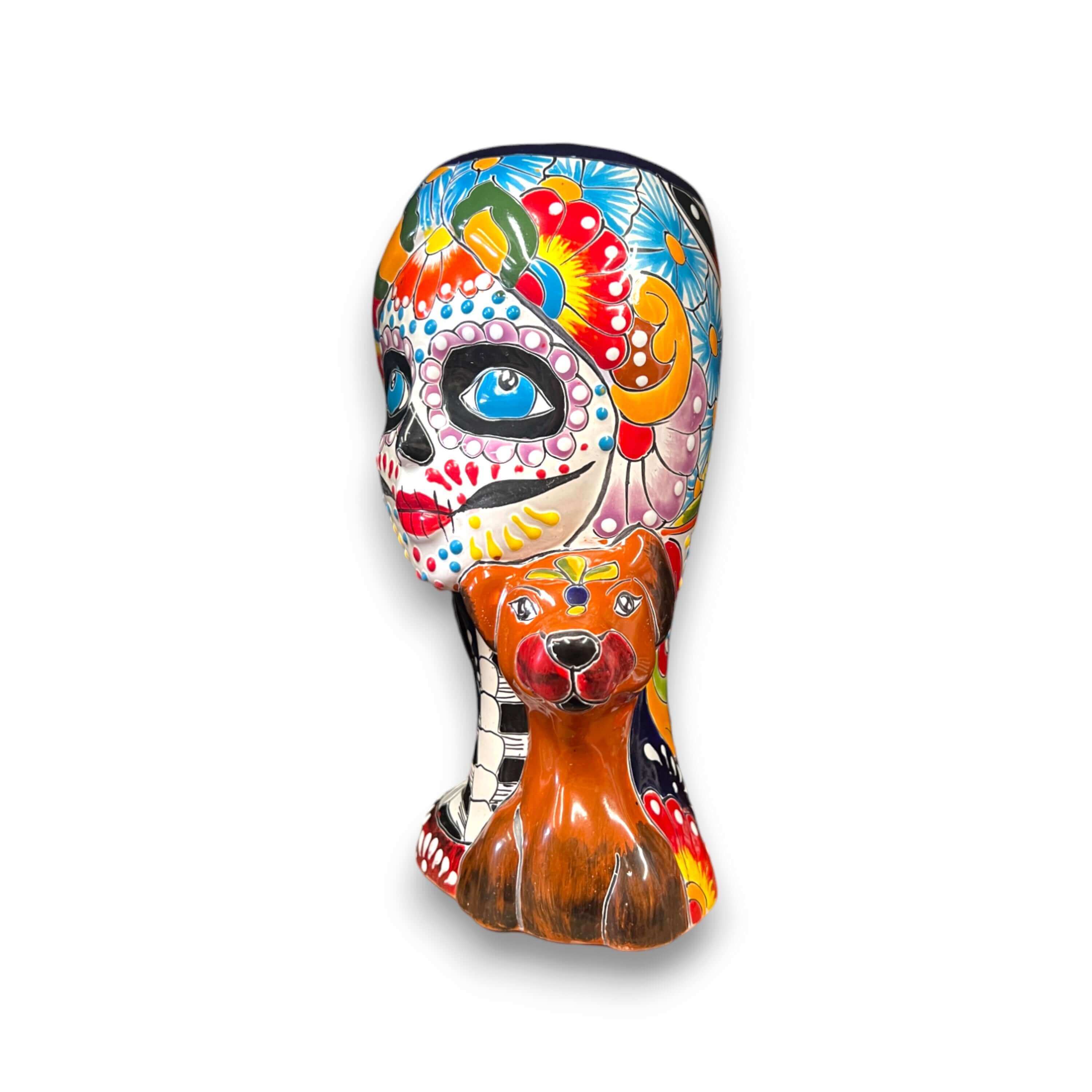 Macetero de calavera Talavera para dama | Maceta colorida del Día de Muertos con perro