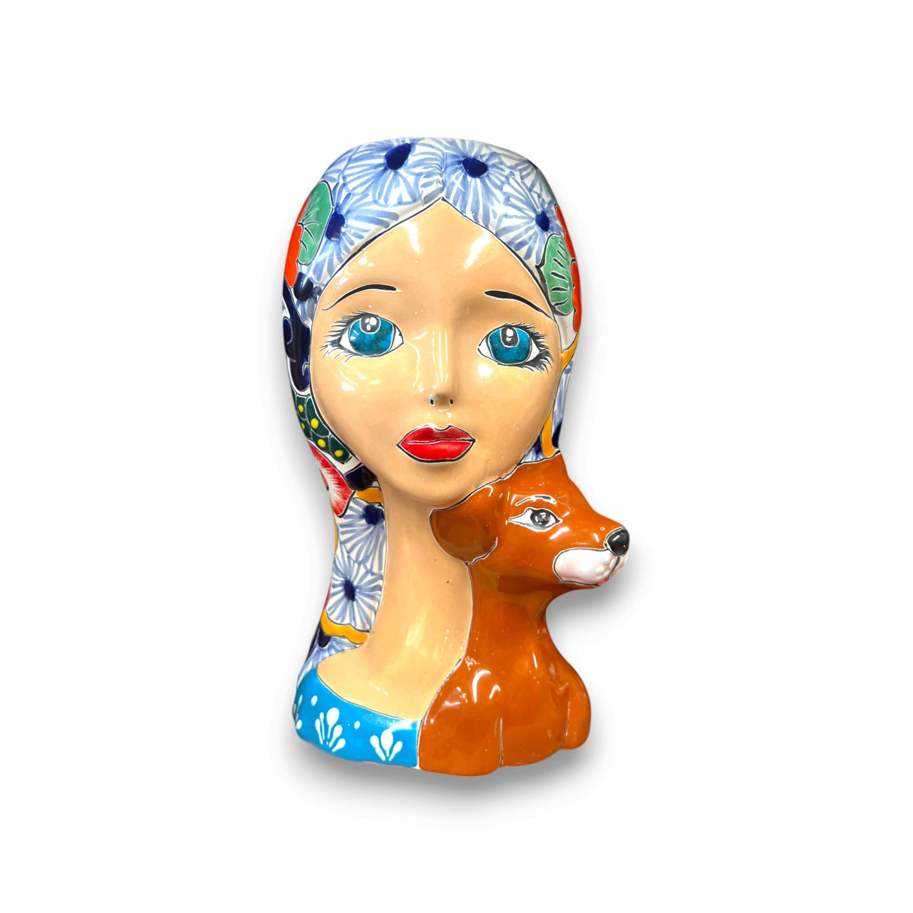 Macetero de calavera Talavera para dama | Maceta colorida del Día de Muertos con perro