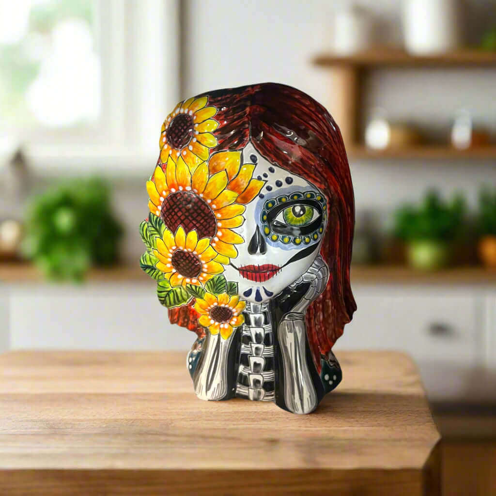 Maceta Talavera Calavera Girasol | Maceta Artesanal Día de Muertos