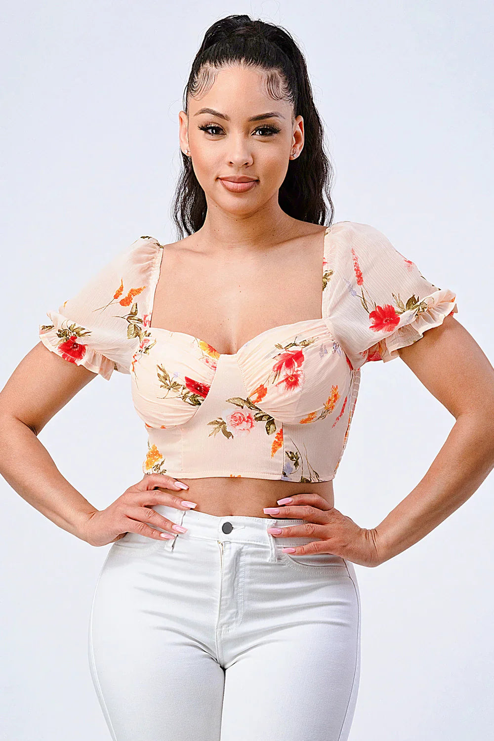 FLORAL CHIFFON SMOCKED SWEETHEART TOP
