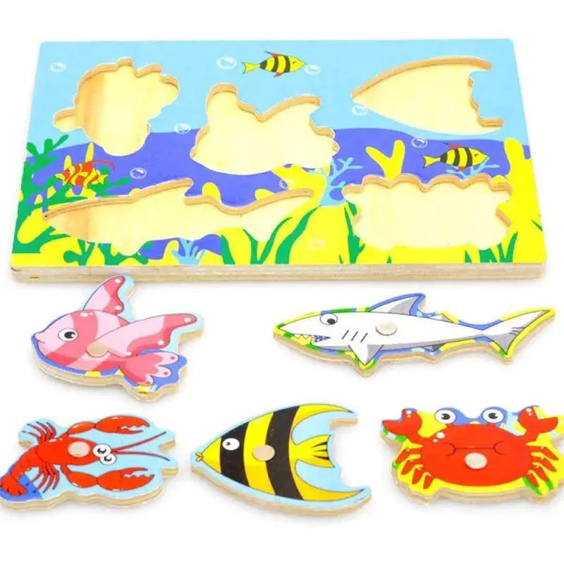 Wooden Magnetic Ocean Fishing Toy Game & Puzzle Board Juguetes Fish Magnet Toy Educational Outdoor Fun for Child Gift