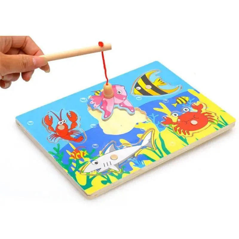 Wooden Magnetic Ocean Fishing Toy Game & Puzzle Board Juguetes Fish Magnet Toy Educational Outdoor Fun for Child Gift