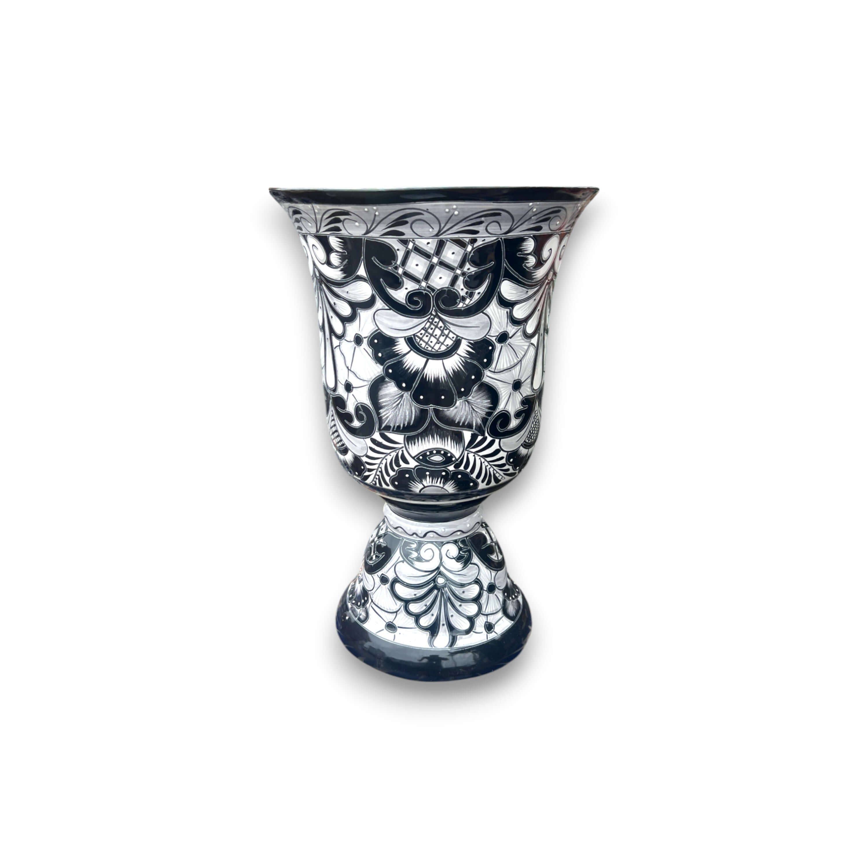 Macetero grande XL de Talavera negra | Maceta con pedestal pintada a mano