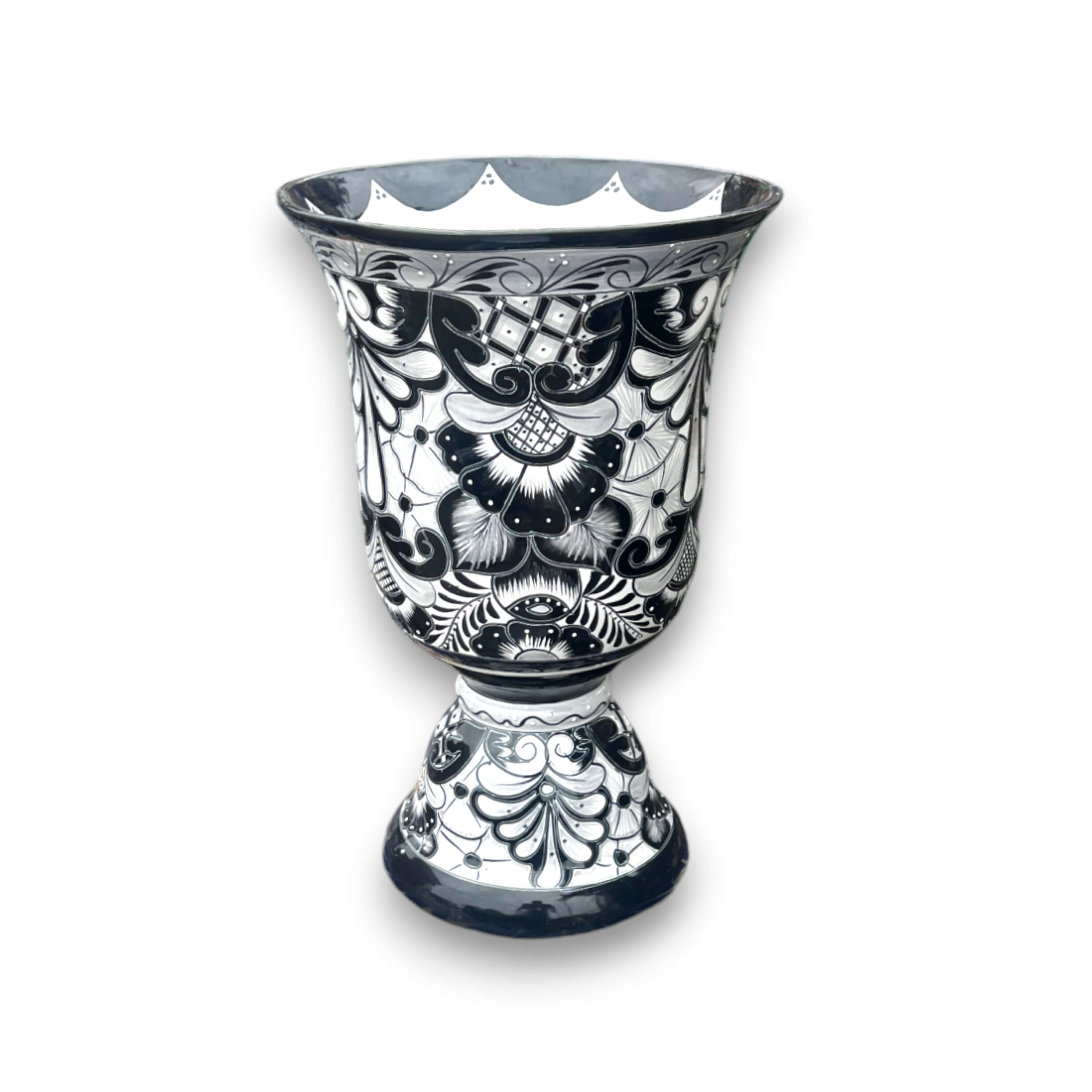 Macetero grande XL de Talavera negra | Maceta con pedestal pintada a mano