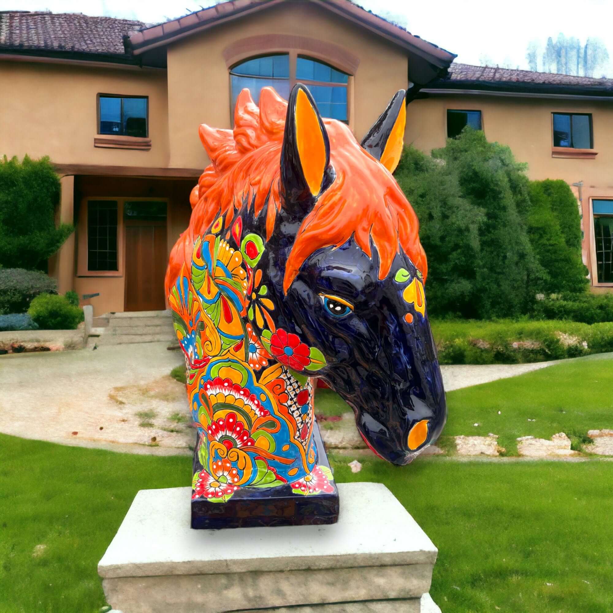 Estatua de cabeza de caballo de talavera XL | Cerámica mexicana colorida hecha a mano